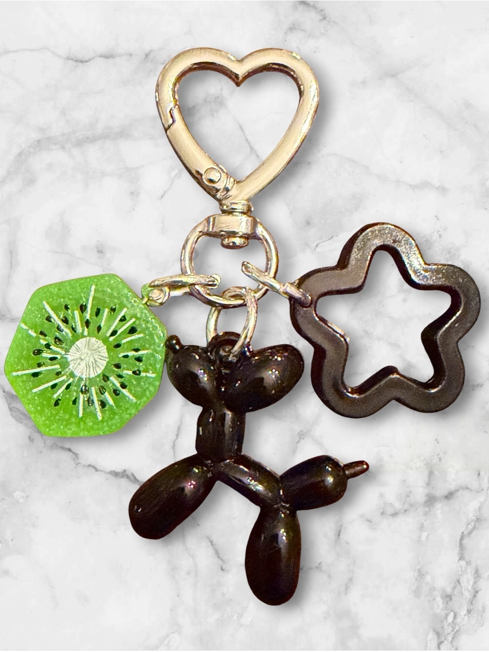 Silver Heart Keyring with Black Balloon Dog & Green Kiwi Charm